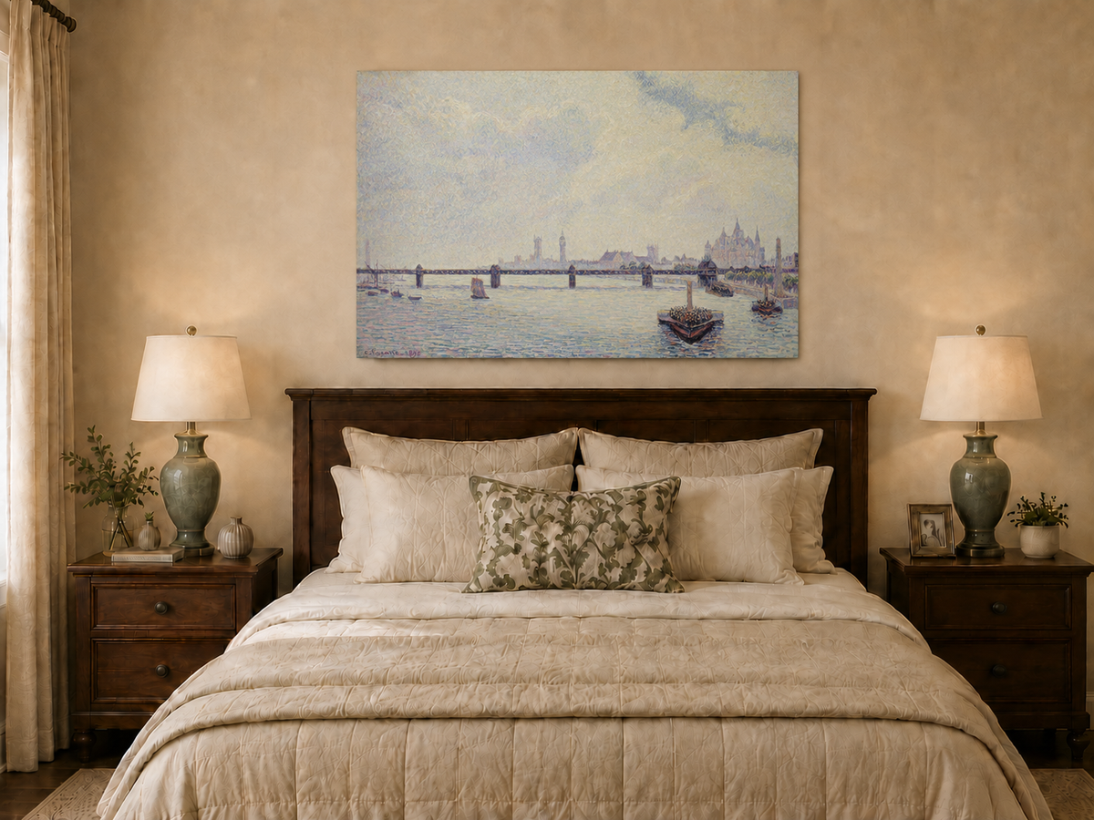 Landscape Oil Painting - River Bridge View with Boats and City