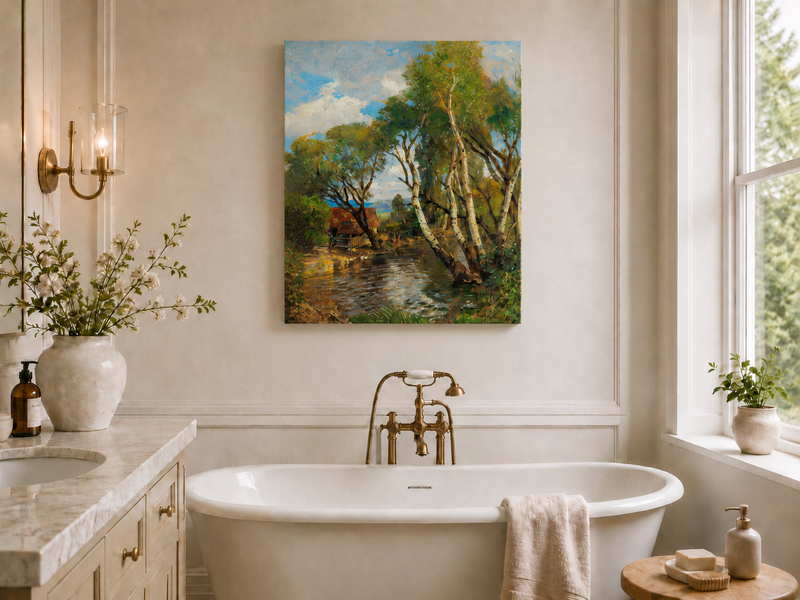 Landscape Oil Painting - Rustic Creek and Birch Cottage View