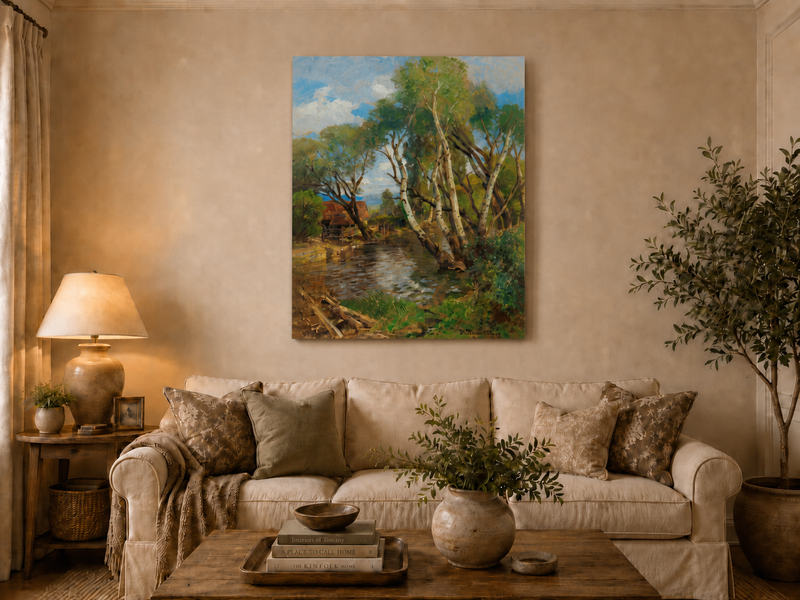 Landscape Oil Painting - Rustic Creek and Birch Cottage View