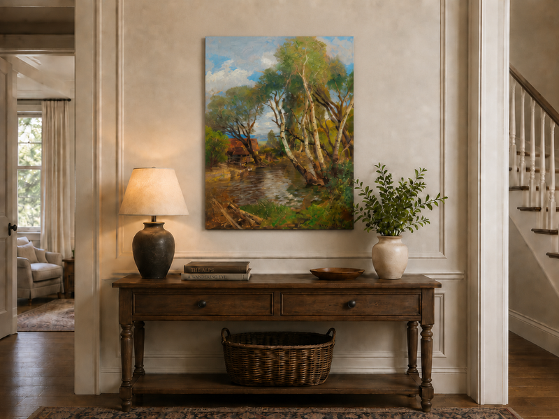 Landscape Oil Painting - Rustic Creek and Birch Cottage View