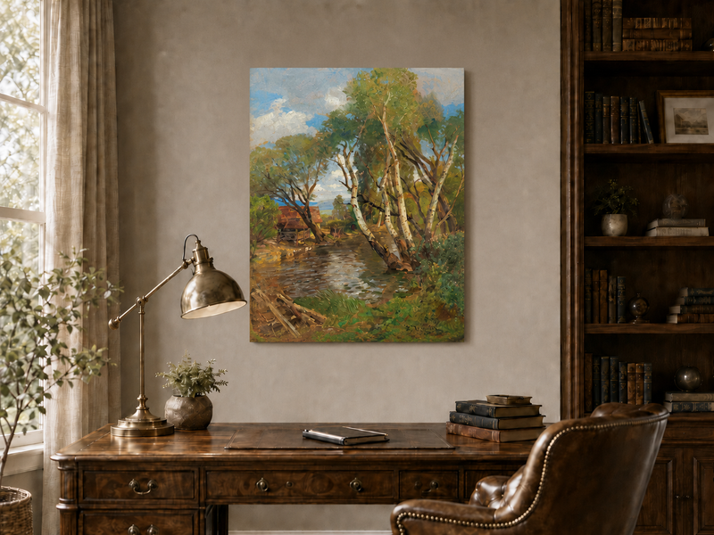 Landscape Oil Painting - Rustic Creek and Birch Cottage View
