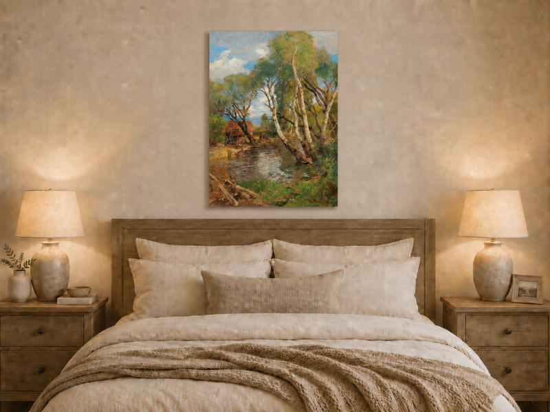 Landscape Oil Painting - Rustic Creek and Birch Cottage View