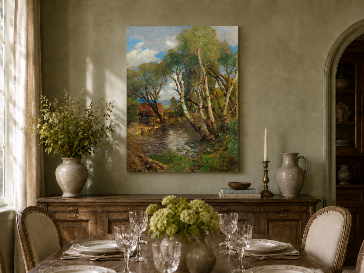 Landscape Oil Painting - Rustic Creek and Birch Cottage View
