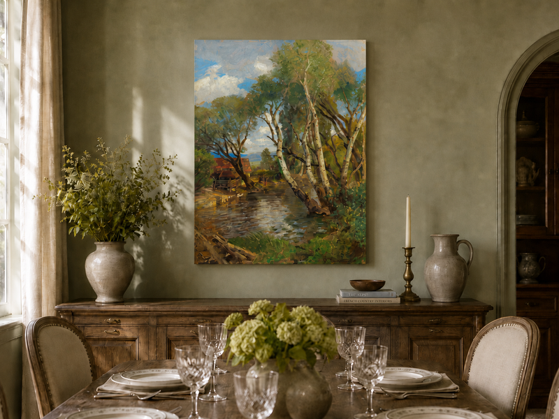 Landscape Oil Painting - Rustic Creek and Birch Cottage View