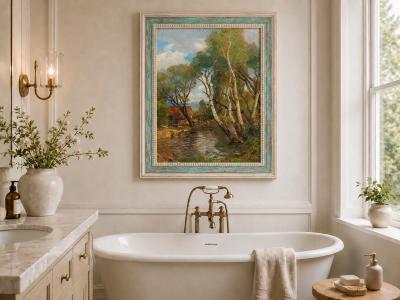 Landscape Oil Painting - Rustic Creek and Birch Cottage View