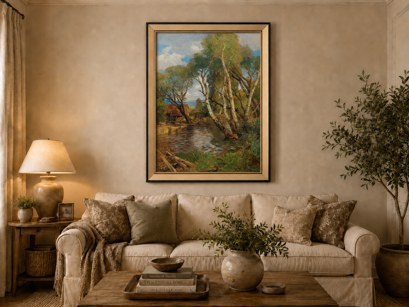 Landscape Oil Painting - Rustic Creek and Birch Cottage View