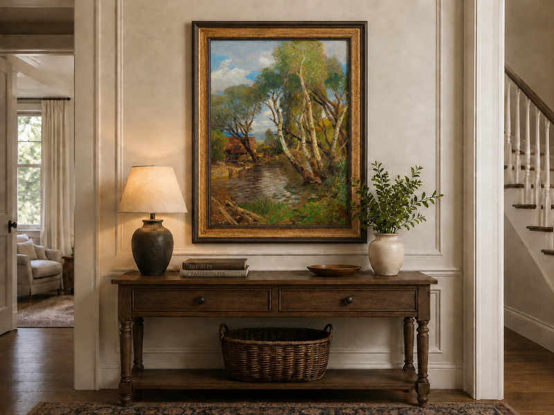 Landscape Oil Painting - Rustic Creek and Birch Cottage View