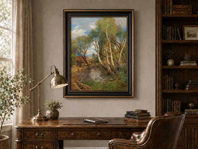Landscape Oil Painting - Rustic Creek and Birch Cottage View