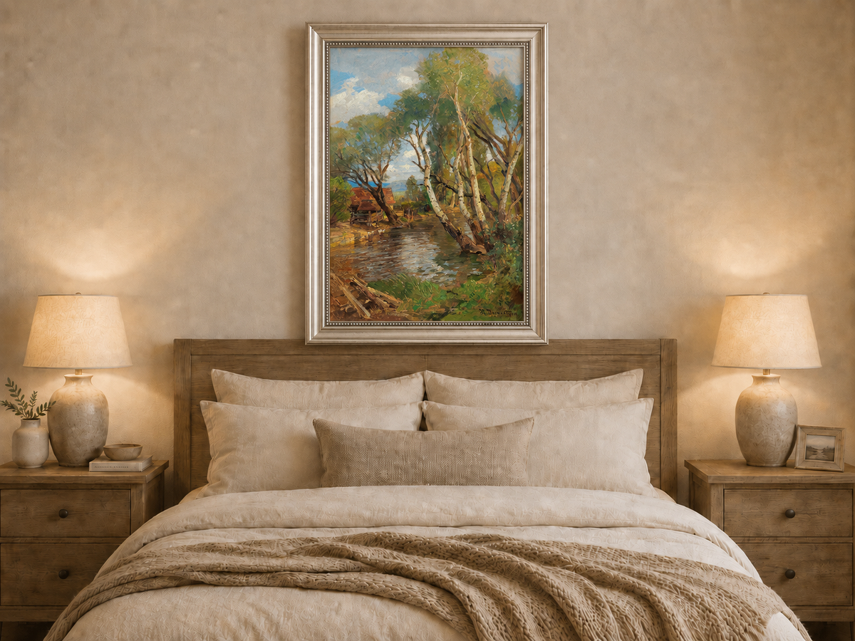 Landscape Oil Painting - Rustic Creek and Birch Cottage View