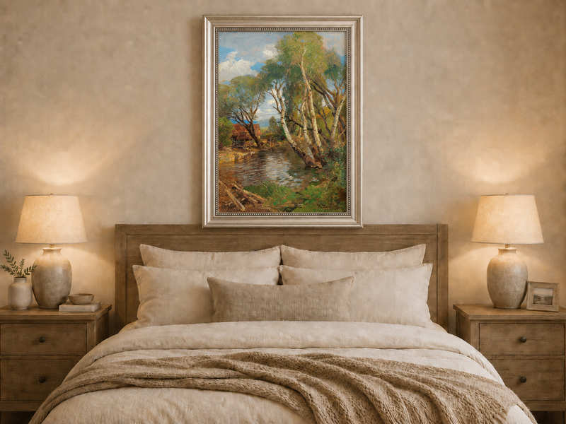 Landscape Oil Painting - Rustic Creek and Birch Cottage View