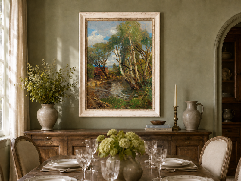 Landscape Oil Painting - Rustic Creek and Birch Cottage View