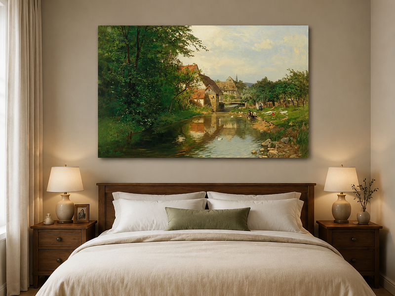 Landschaftsgemälde in Öl – Winterliche Flusslandschaft mit Figuren und Pferden