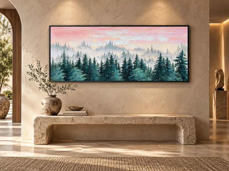 Peinture à l’huile abstraite – Ciel rose au-dessus d’une forêt de pins embrumée