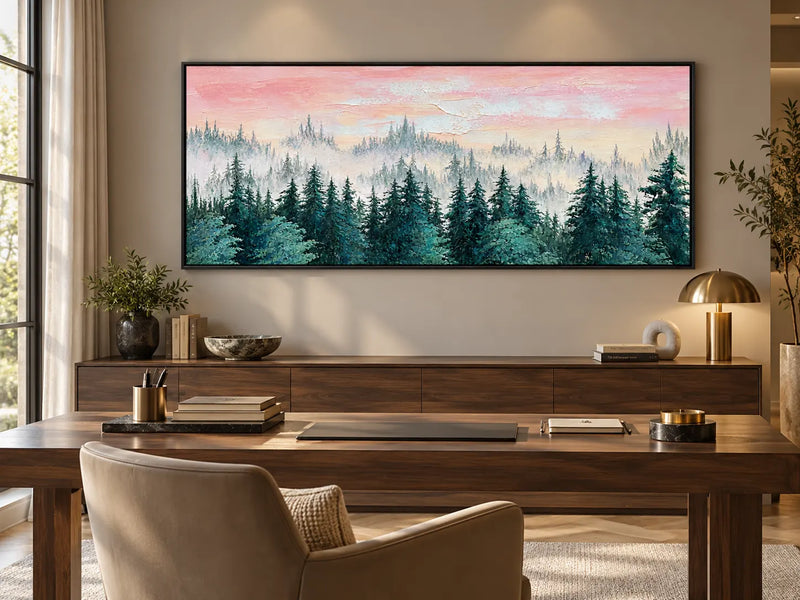 Peinture à l’huile abstraite – Ciel rose au-dessus d’une forêt de pins embrumée
