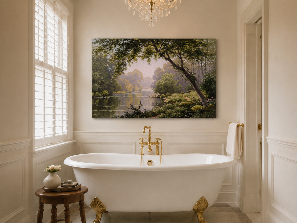 Landscape Oil Painting - Woodland River Overhanging Tree & Lily