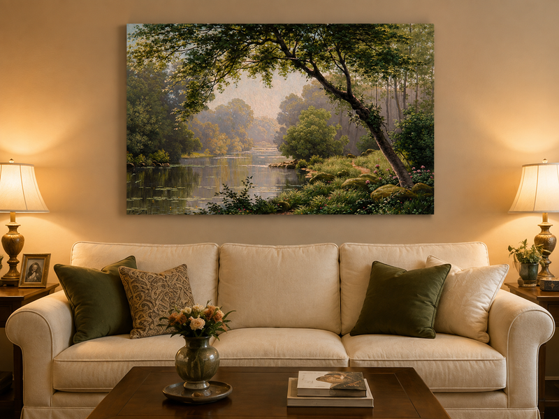 Landscape Oil Painting - Woodland River Overhanging Tree & Lily