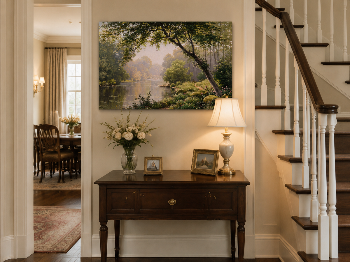 Landscape Oil Painting - Woodland River Overhanging Tree & Lily