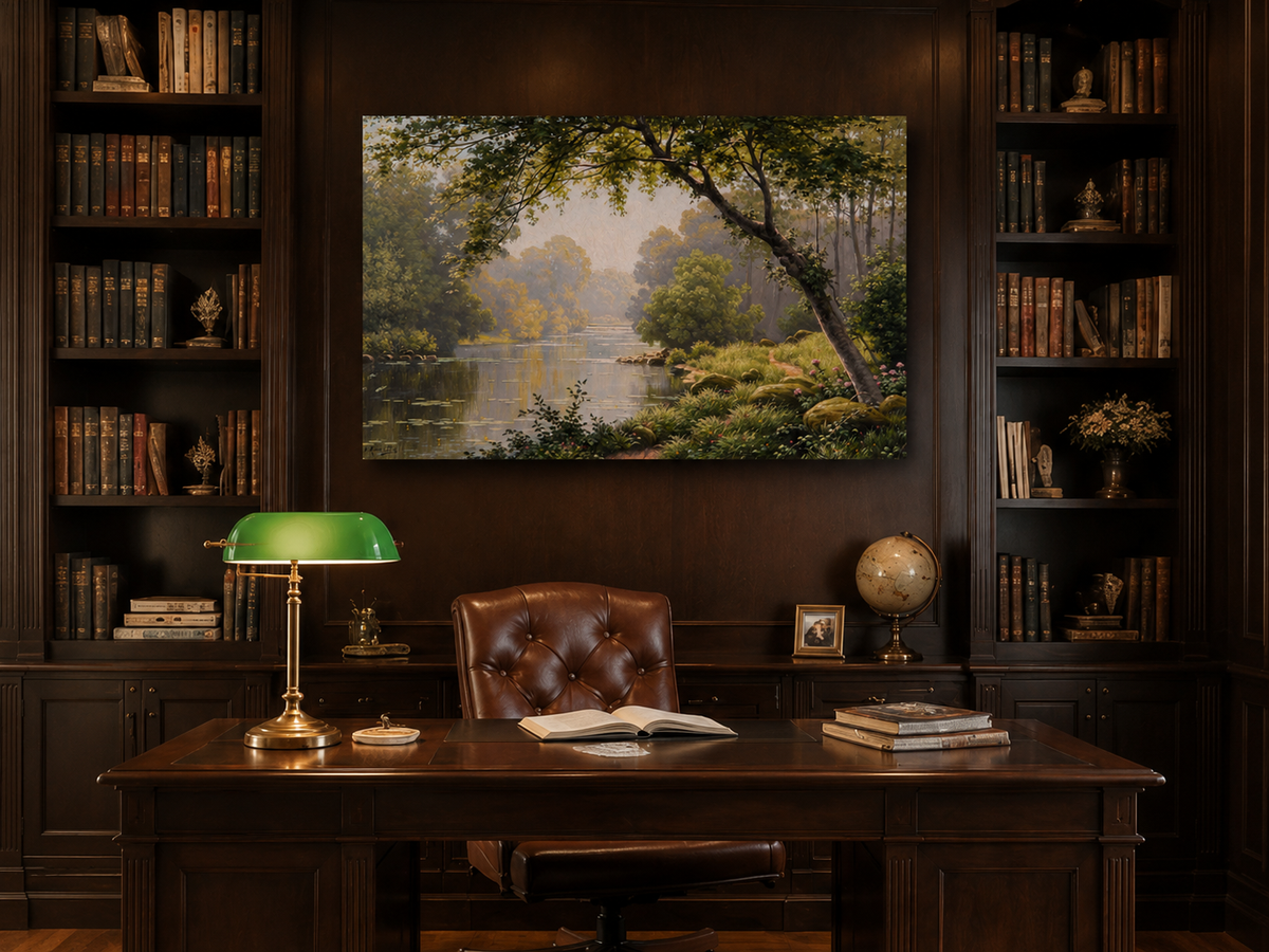Landscape Oil Painting - Woodland River Overhanging Tree & Lily