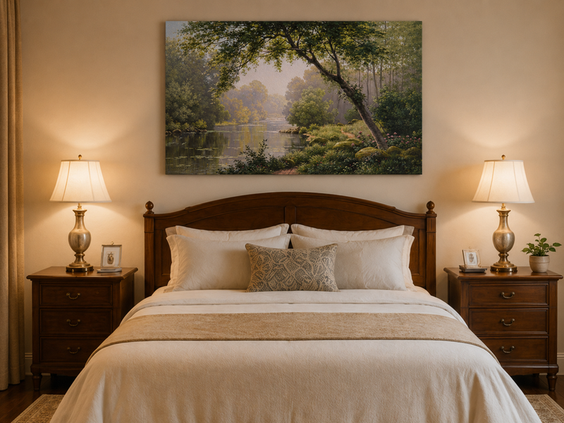 Landscape Oil Painting - Woodland River Overhanging Tree & Lily
