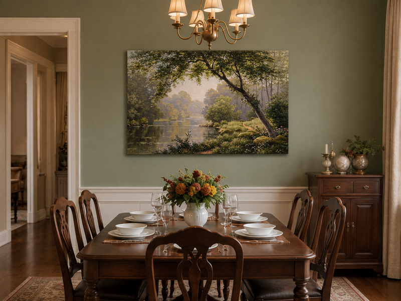 Landscape Oil Painting - Woodland River Overhanging Tree & Lily