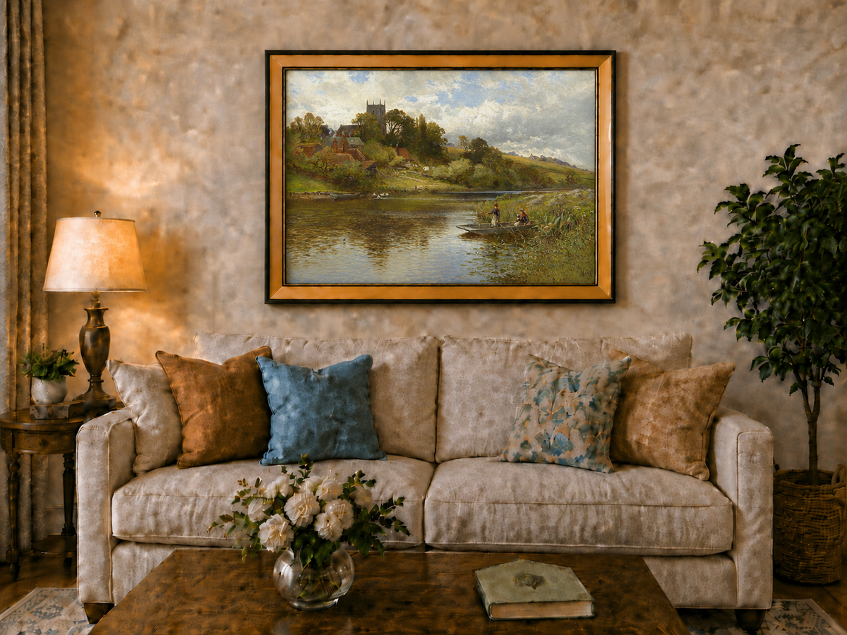 Peinture à l'huile de paysage - Gouffre rocheux spectaculaire avec personnages