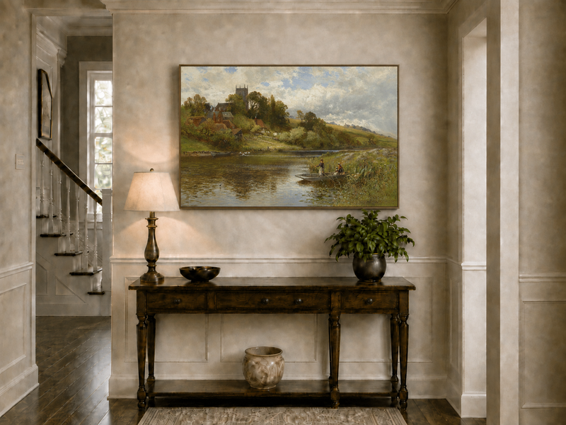 Peinture à l'huile de paysage - Gouffre rocheux spectaculaire avec personnages