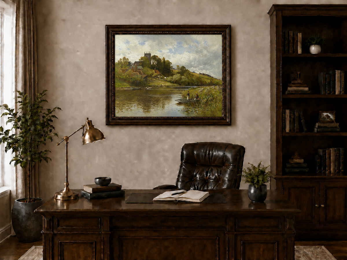 Peinture à l'huile de paysage - Gouffre rocheux spectaculaire avec personnages