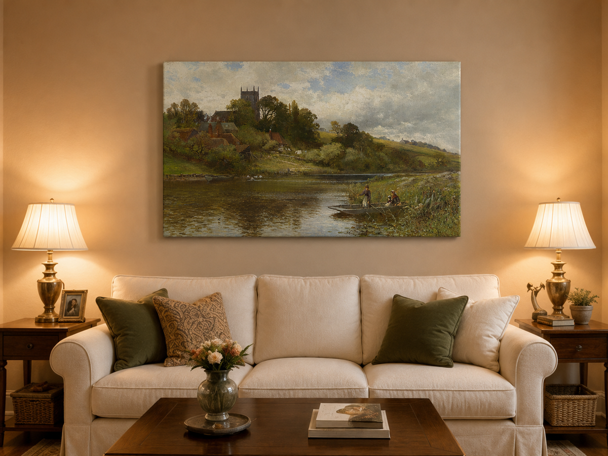 Peinture à l'huile de paysage - Gouffre rocheux spectaculaire avec personnages