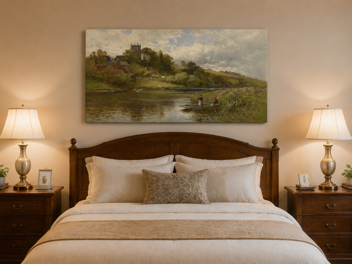 Peinture à l'huile de paysage - Gouffre rocheux spectaculaire avec personnages