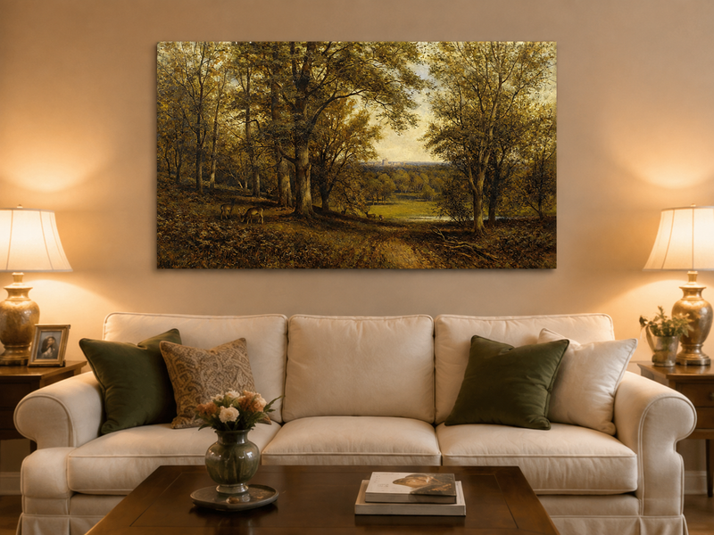 Landscape Oil Painting - Forest with Deer, Path & Distant Castle