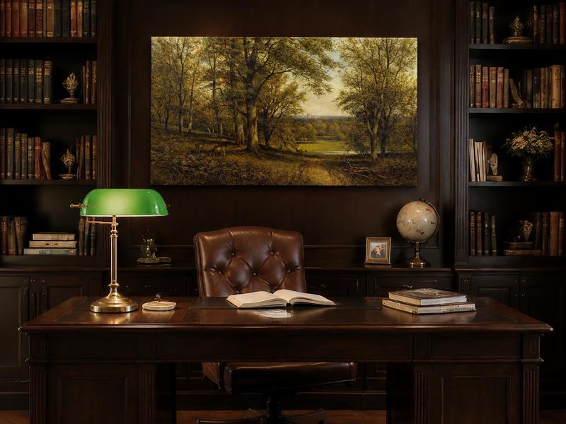Landscape Oil Painting - Forest with Deer, Path & Distant Castle