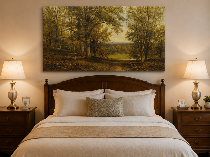 Landscape Oil Painting - Forest with Deer, Path & Distant Castle