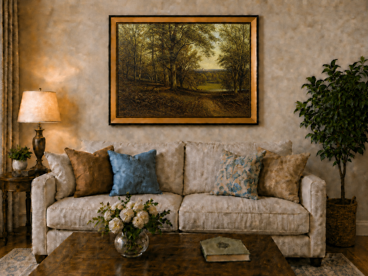 Landscape Oil Painting - Forest with Deer, Path & Distant Castle