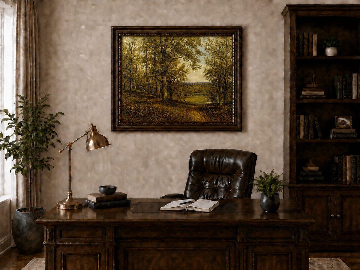 Landscape Oil Painting - Forest with Deer, Path & Distant Castle