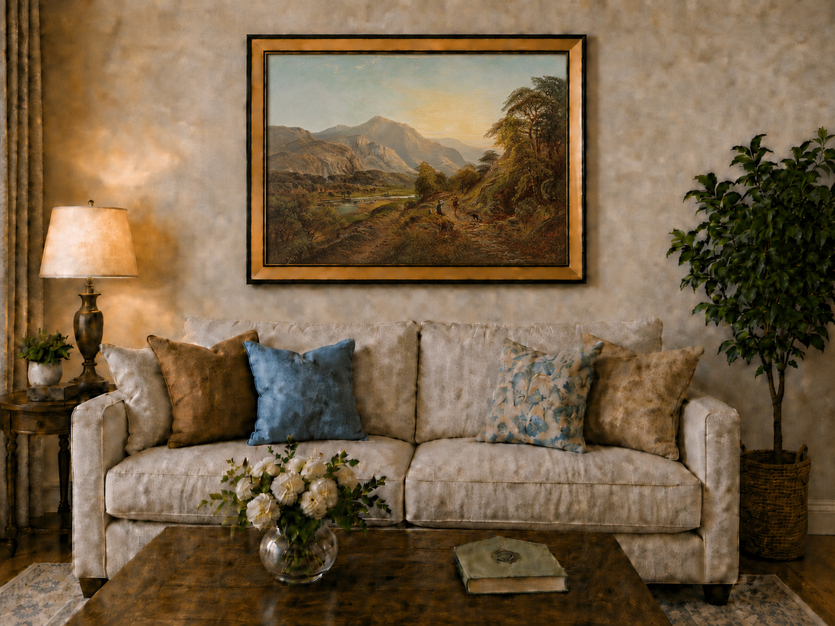 Peinture à l'huile de paysage - Gouffre rocheux spectaculaire avec personnages