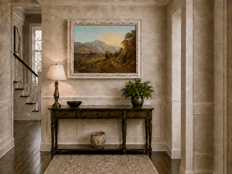 Peinture à l'huile de paysage - Gouffre rocheux spectaculaire avec personnages