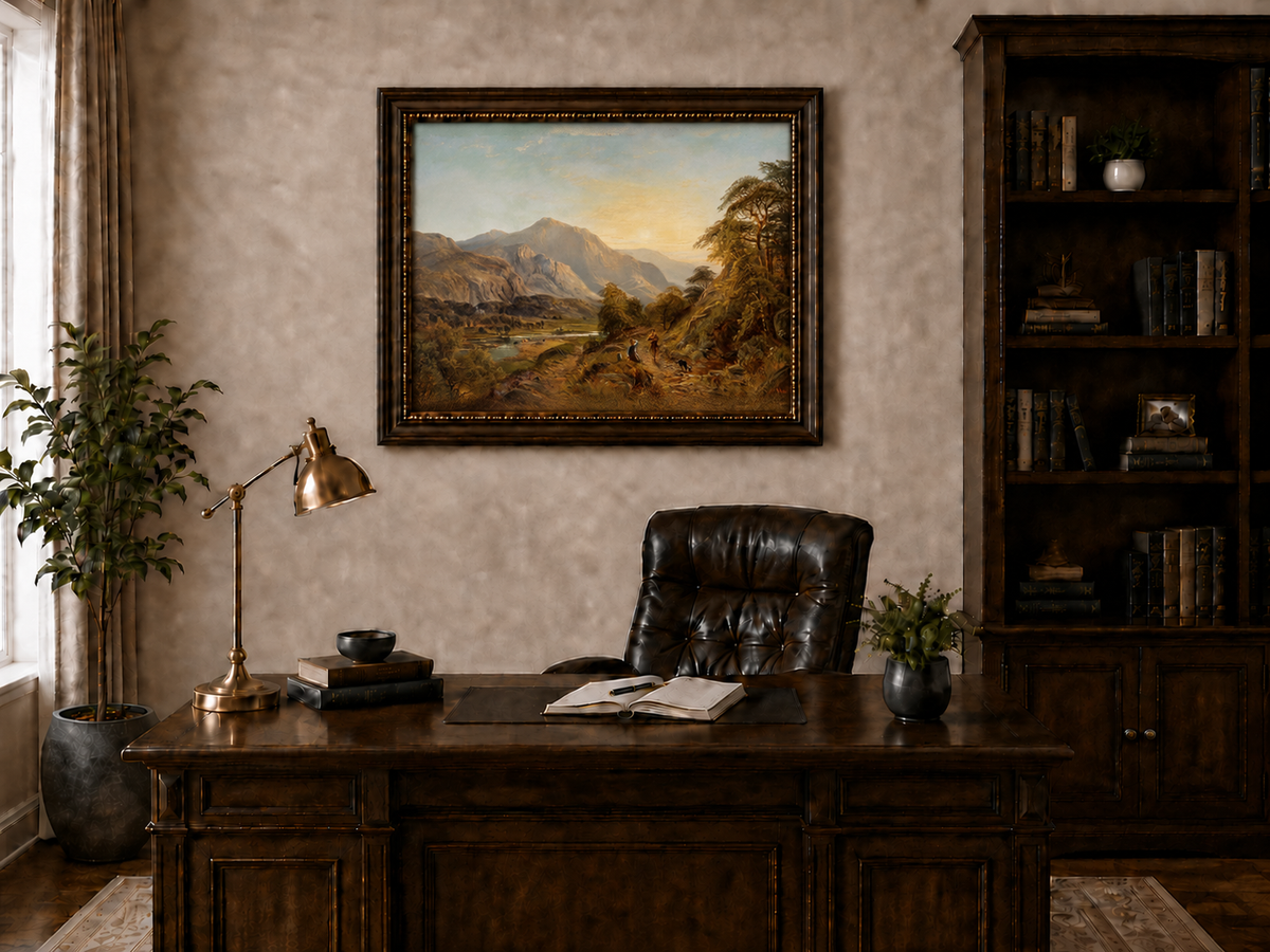 Peinture à l'huile de paysage - Gouffre rocheux spectaculaire avec personnages
