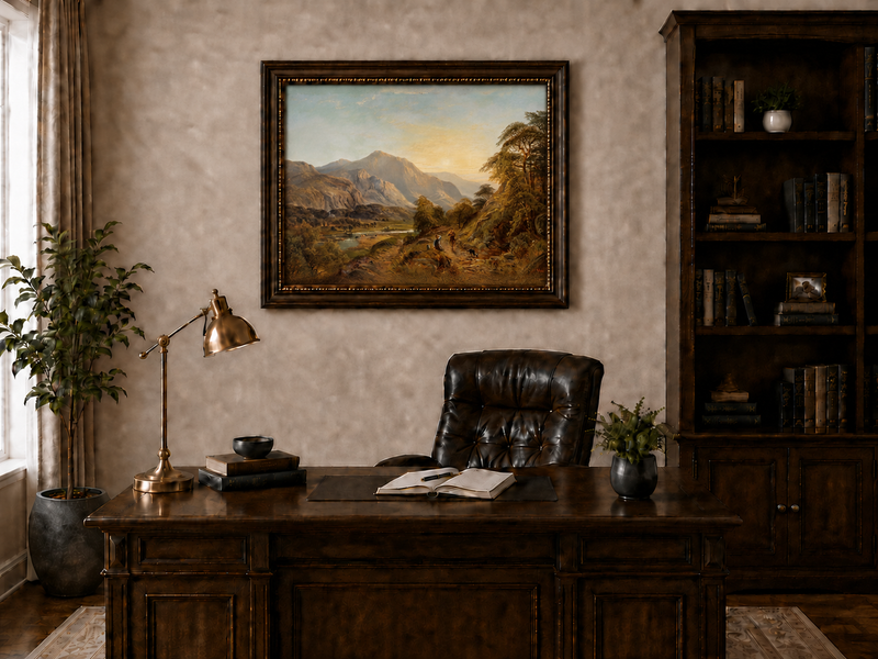 Peinture à l'huile de paysage - Gouffre rocheux spectaculaire avec personnages