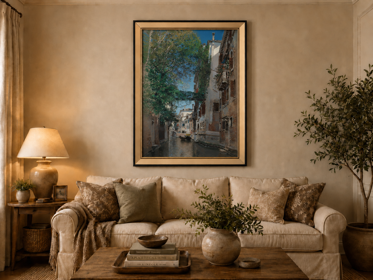 Peinture à l'huile de paysage - Rivière printanière avec pêcheur et arbres