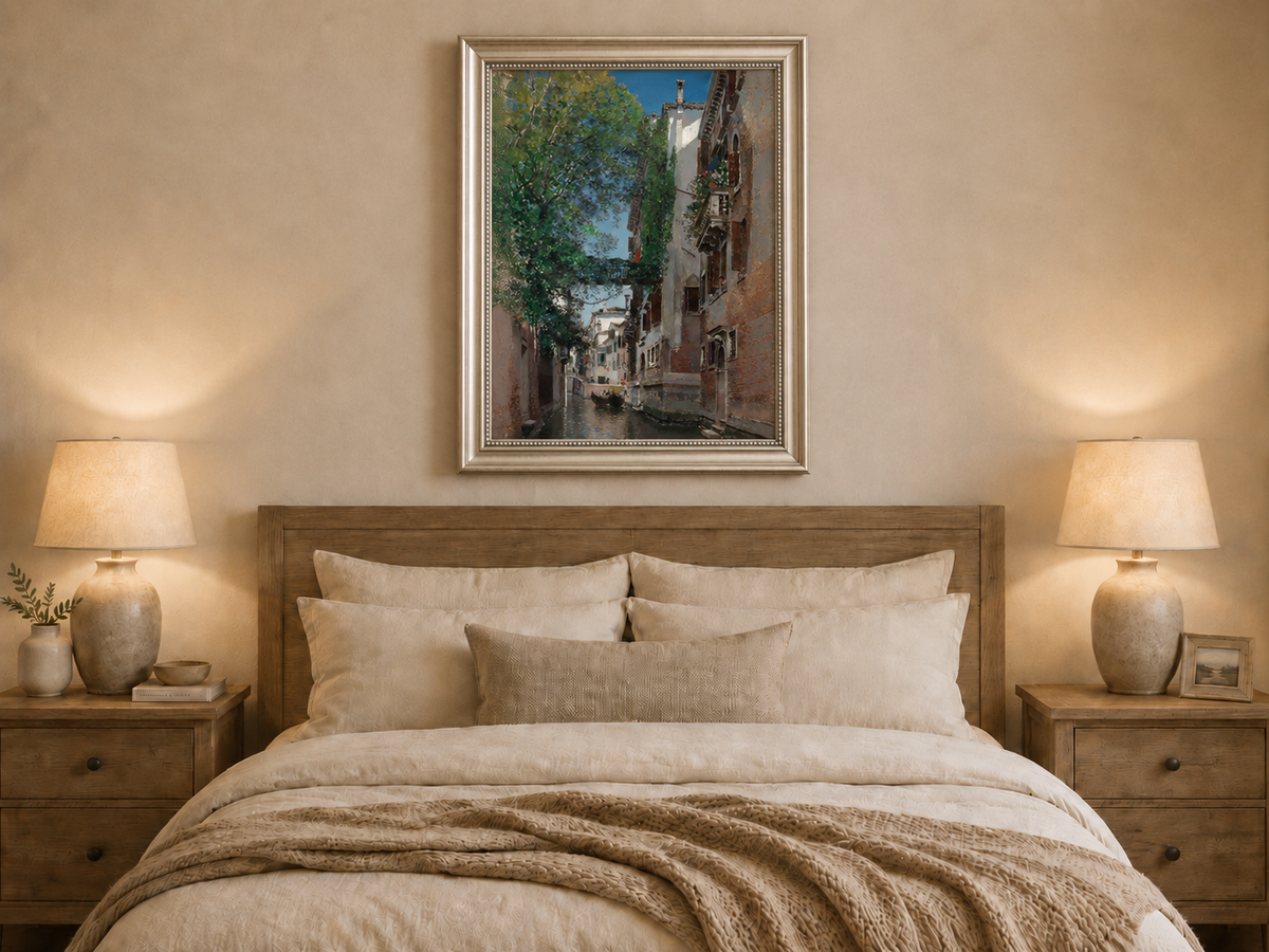Peinture à l'huile de paysage - Rivière printanière avec pêcheur et arbres