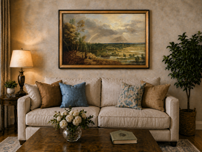 Landscape Oil Painting - River Plain with Rainbow and Sailboat