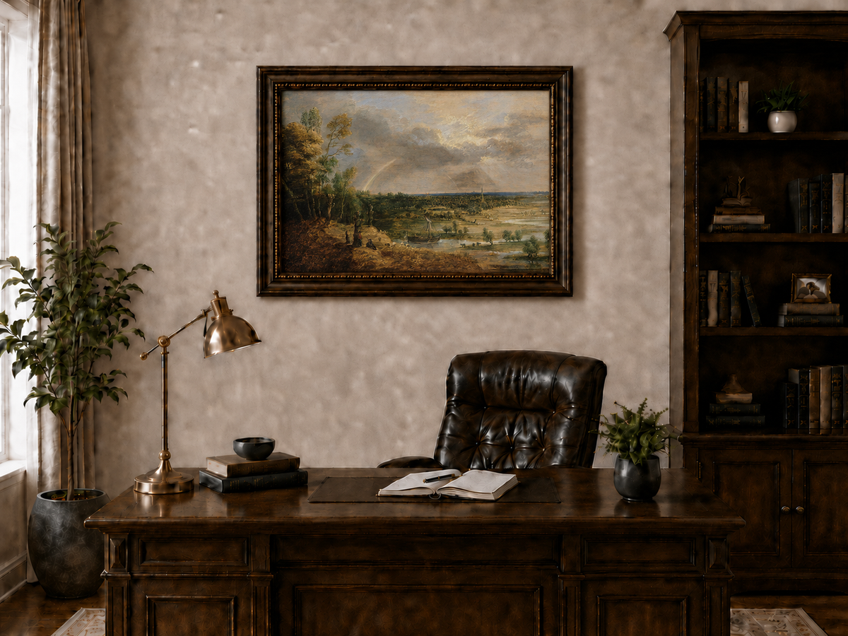 Landscape Oil Painting - River Plain with Rainbow and Sailboat