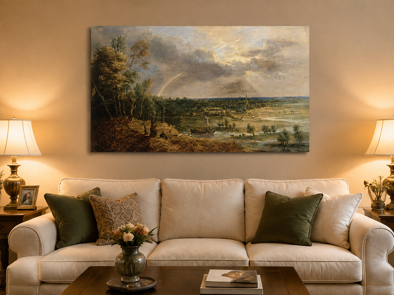 Landscape Oil Painting - River Plain with Rainbow and Sailboat
