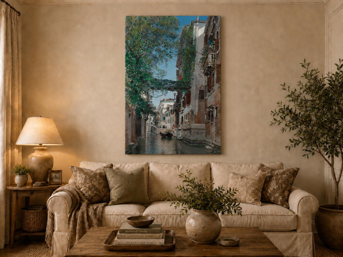 Peinture à l'huile de paysage - Rivière printanière avec pêcheur et arbres