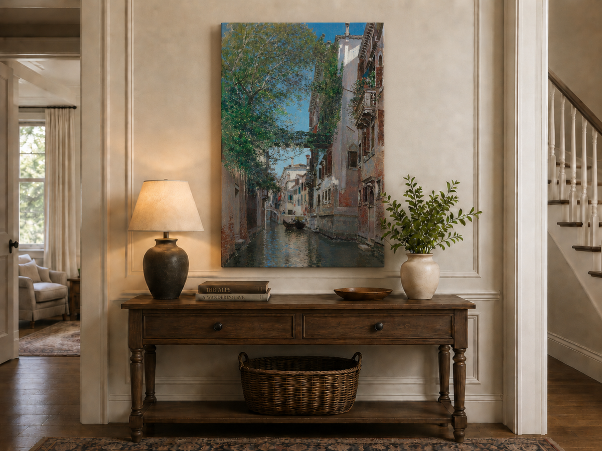 Peinture à l'huile de paysage - Rivière printanière avec pêcheur et arbres