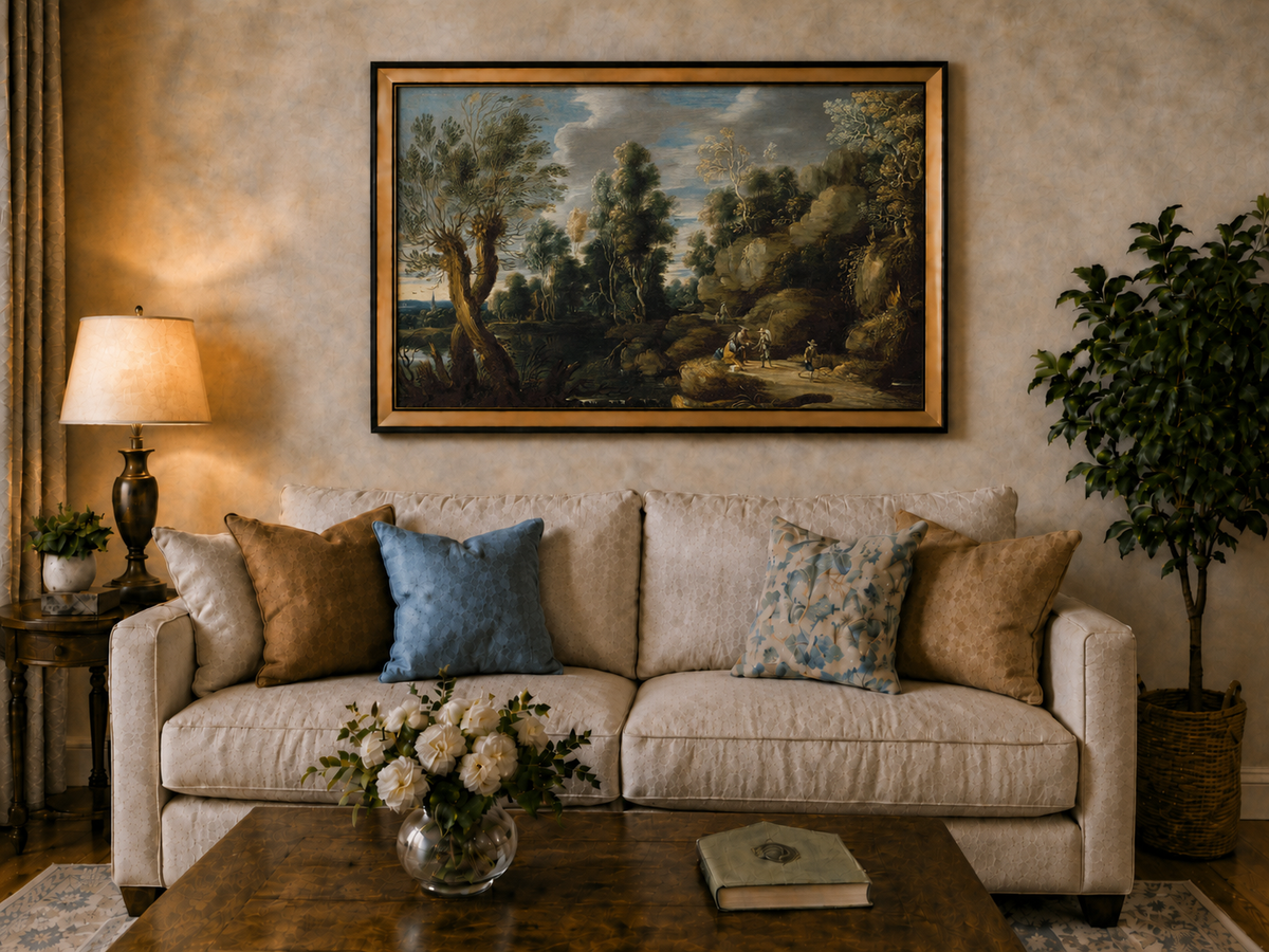 Landscape Oil Painting - Woodland Lake Path with Travelers