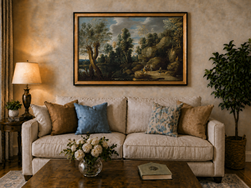 Landscape Oil Painting - Woodland Lake Path with Travelers