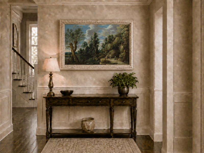 Landscape Oil Painting - Woodland Lake Path with Travelers