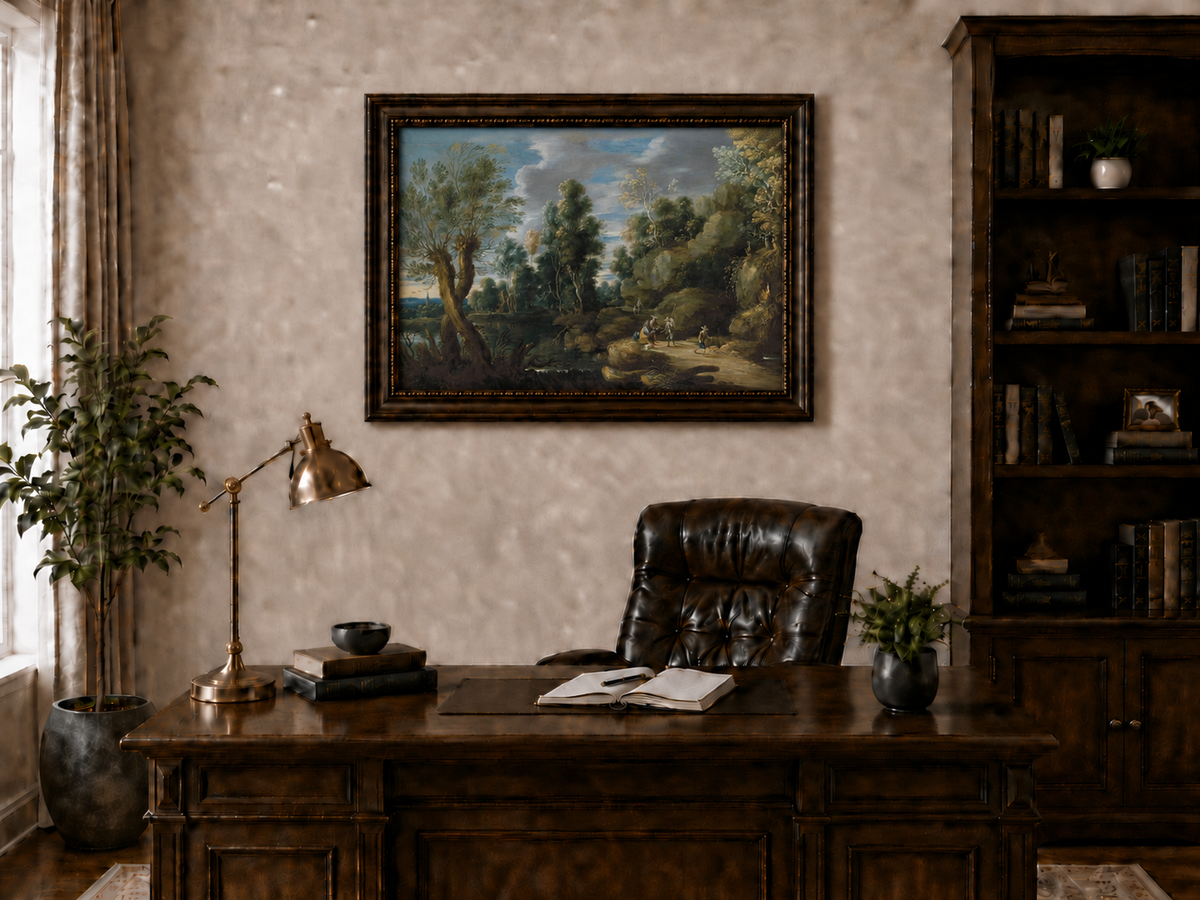 Landscape Oil Painting - Woodland Lake Path with Travelers