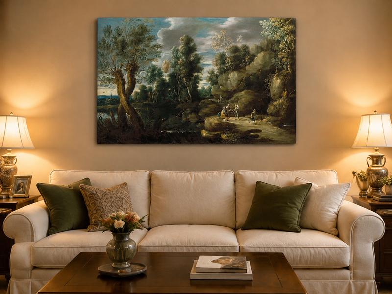 Landscape Oil Painting - Woodland Lake Path with Travelers
